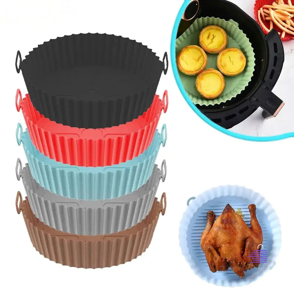 A set of Martify AirFryerMate, the Eco-Friendly Silicone Grill Tray Protectors, showcasing a chicken in the center.