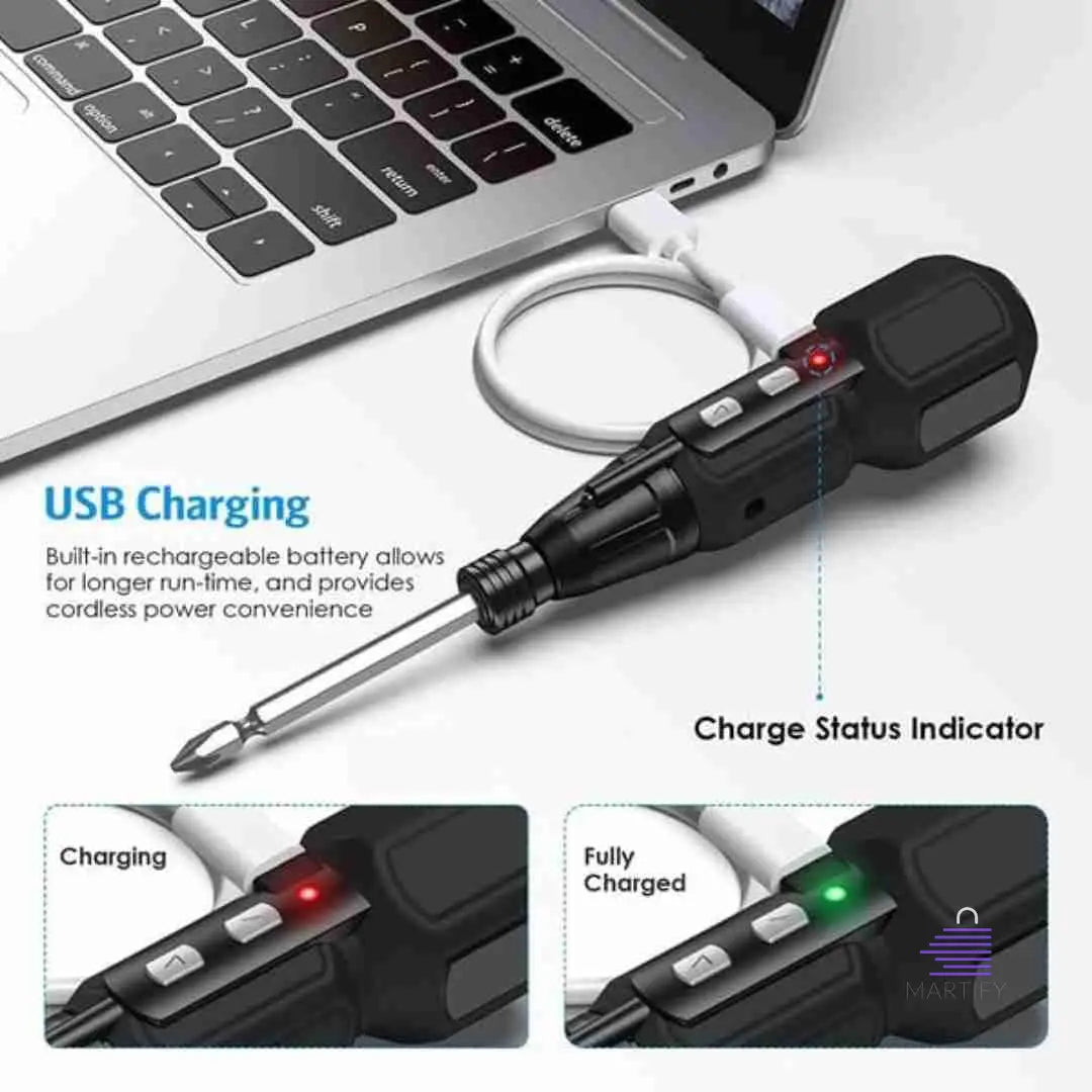 A laptop with a Martify Eztoroque 360 the ultimate cordless scremaster attached to it