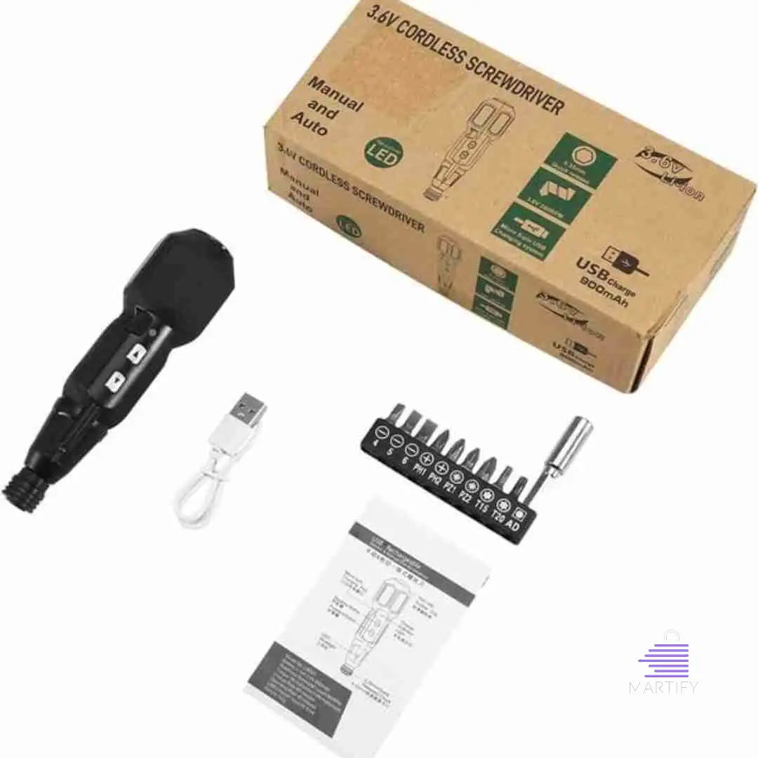 A box with a Martify eztorque 360 the ultimate cordless screwmastefor and other accessories